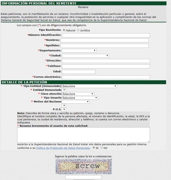 formulario de reclamación eps colombia